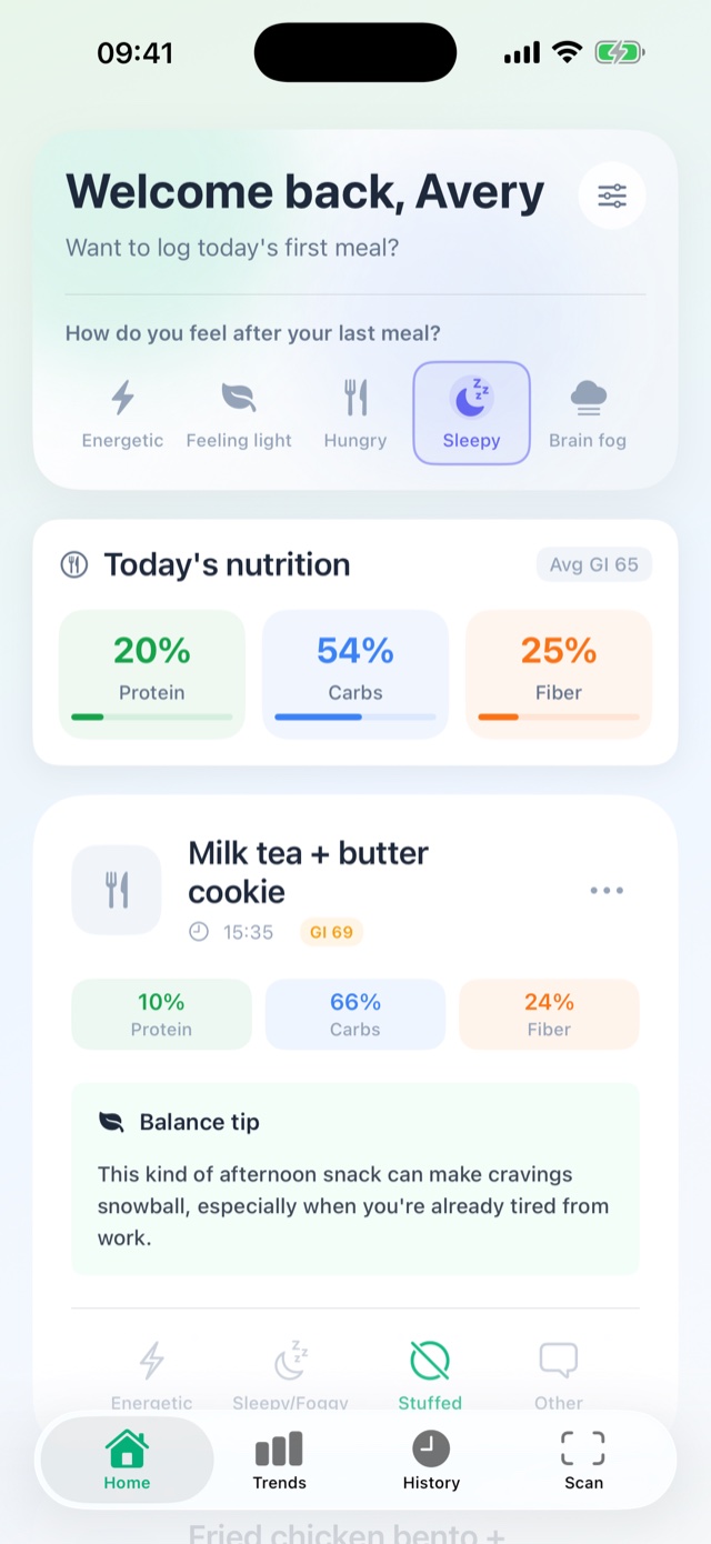 GlycoWave home screen showing today's nutrition at 20% protein, 54% carbs, 25% fiber, average GI 65, and an analysis of a milk tea and butter cookie