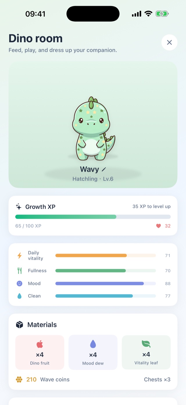GlycoWave dino room showing Wavy at level 6, growth XP 65 of 100, daily vitality 71, and materials earned